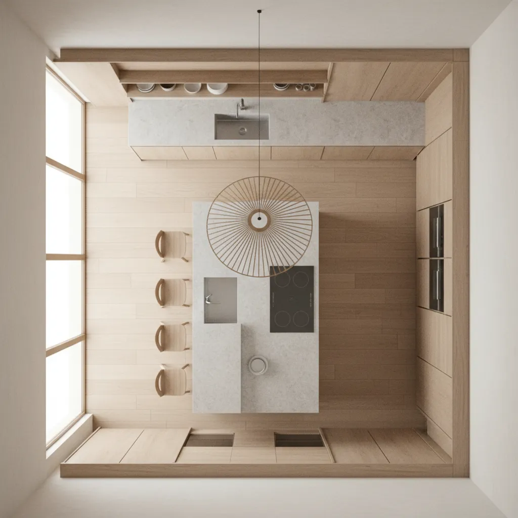 Diseño de cocina moderna mostrando diferentes zonas funcionales