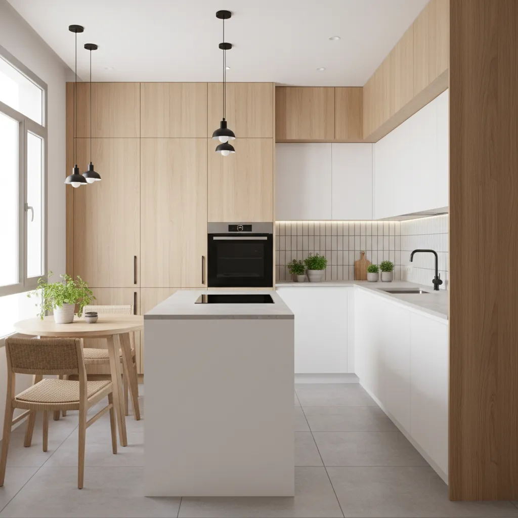 Cocina moderna funcional con almacenamiento vertical