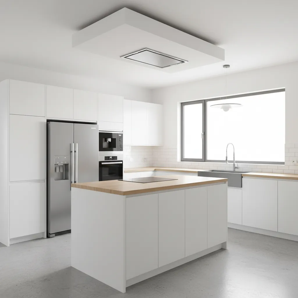 Modern white kitchen featuring large island with wood top stainless steel fridge and large window
