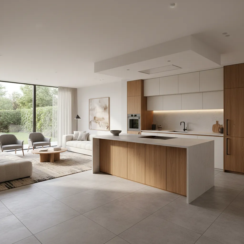 Cocina moderna integrada con salón en un diseño de casa contemporánea
