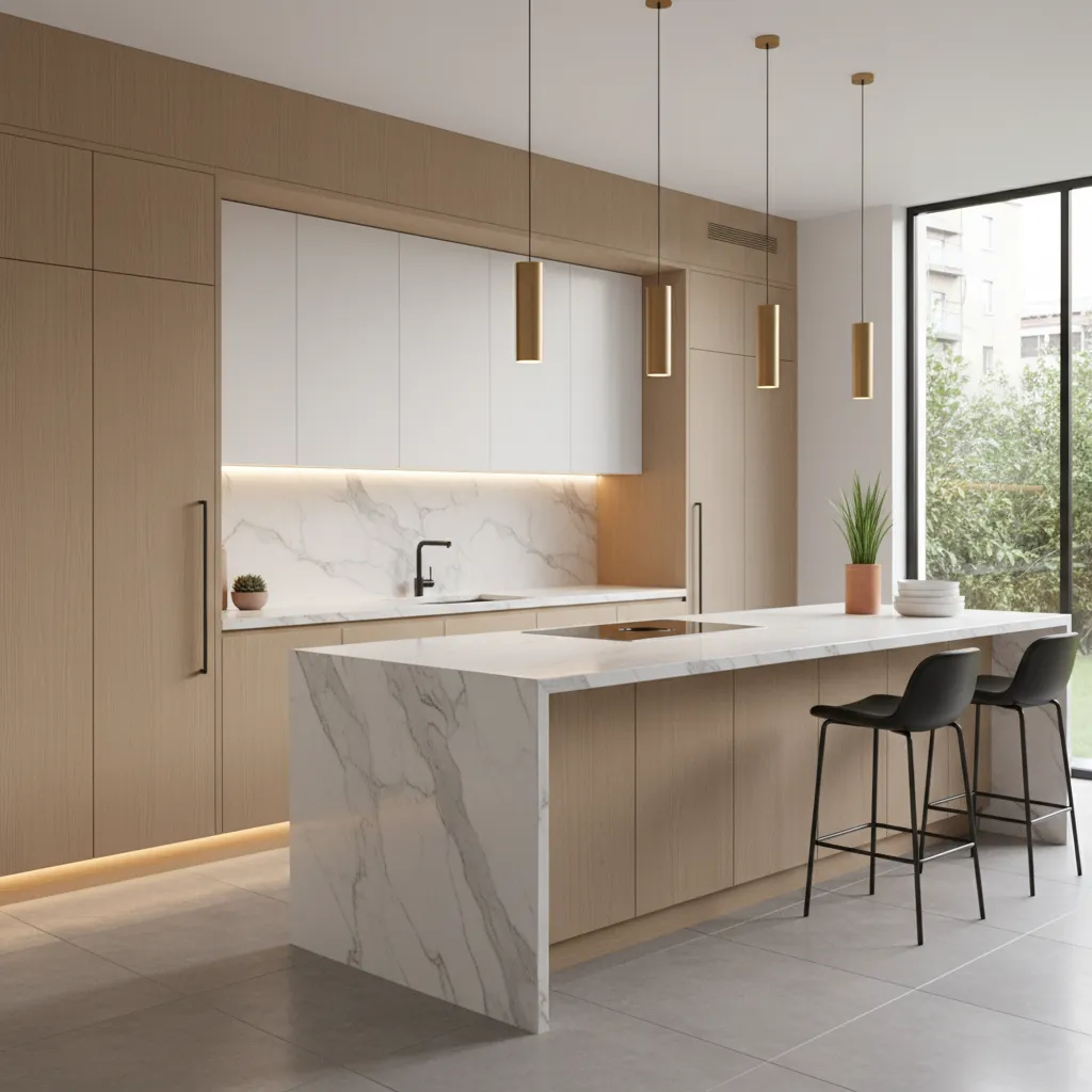 Modern kitchen with marble island, wooden cabinets, gold ceiling lights, black stools, and large window