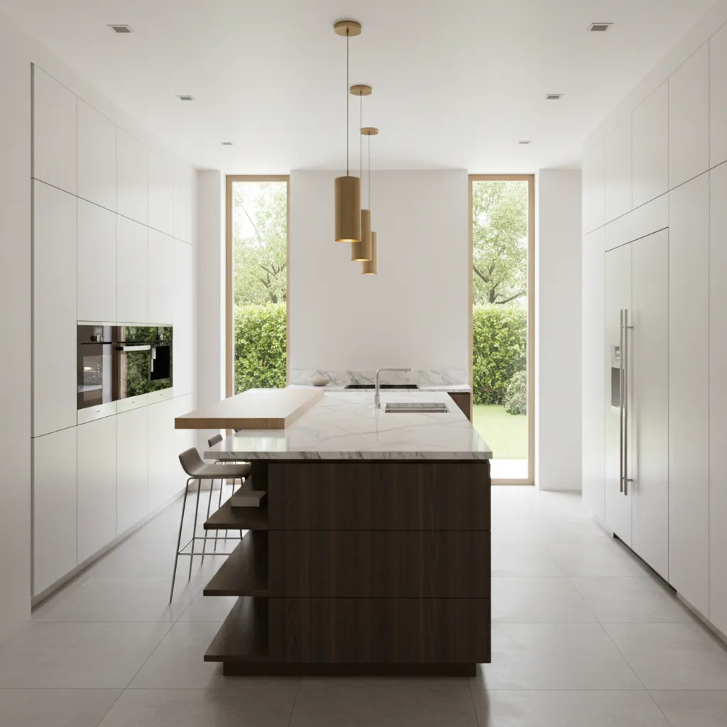 Modern white kitchen featuring dark wood island, marble countertop, gold ceiling lights, and garden windows