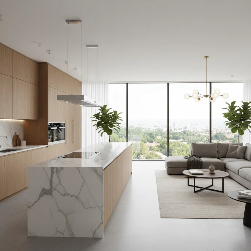 Cocina moderna con isla integrada en la distribución