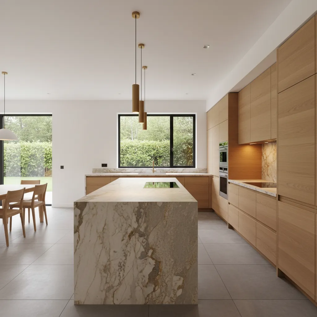 Cocina moderna con isla central en un proyecto de remodelación
