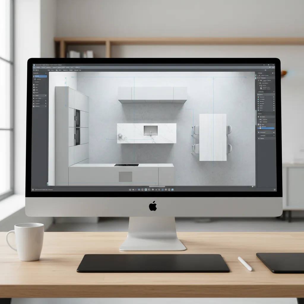 Plano de distribución de cocina moderna en software de diseño