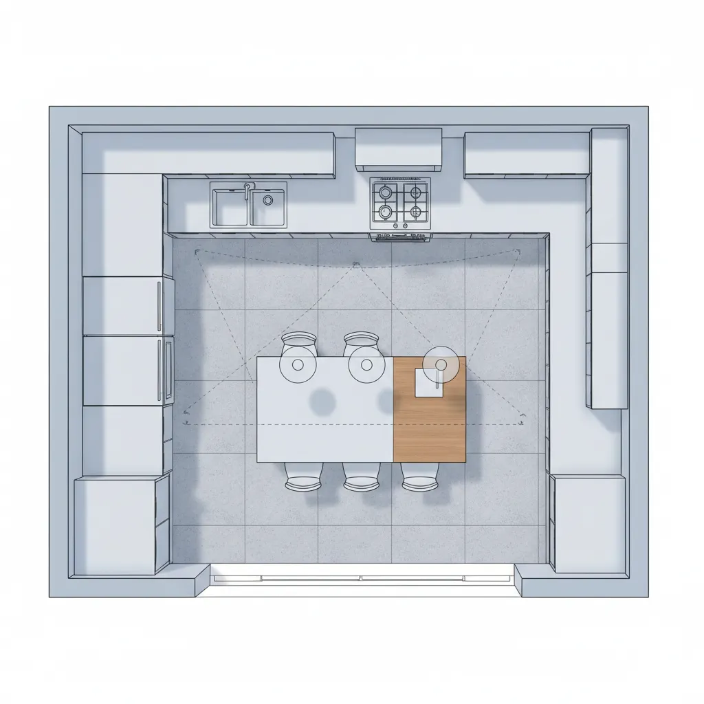 Plano de distribución de cocina con zonas de trabajo marcadas