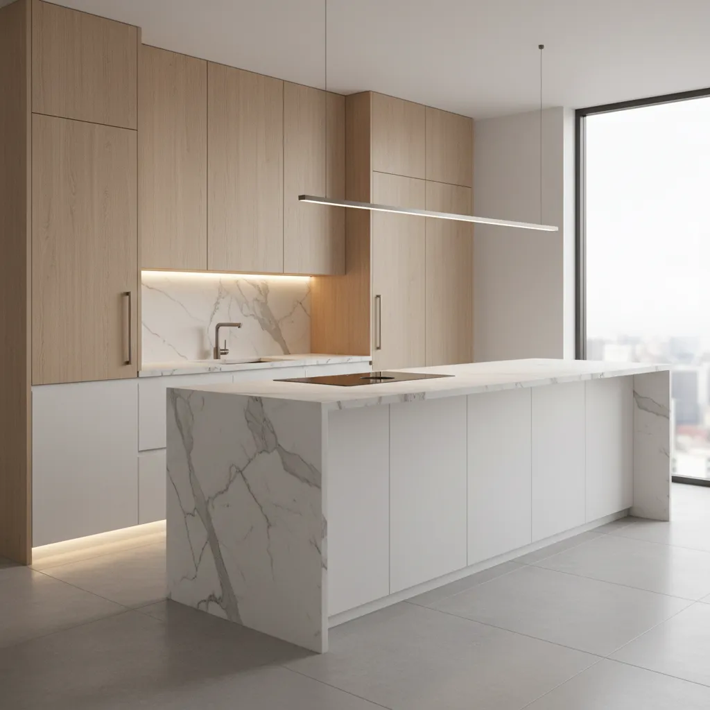 Cocina moderna diseñada profesionalmente con iluminación y mobiliario integrado