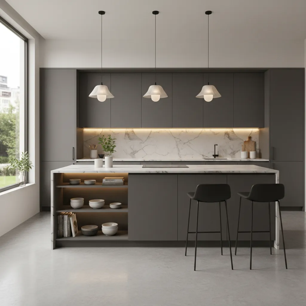 Render 3D de una cocina moderna con isla central