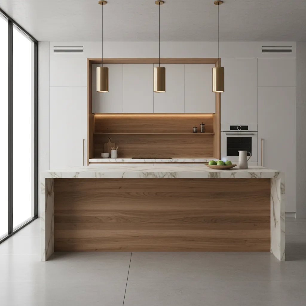 Modern kitchen with marble island wood cabinets white walls three gold ceiling lights and fruit