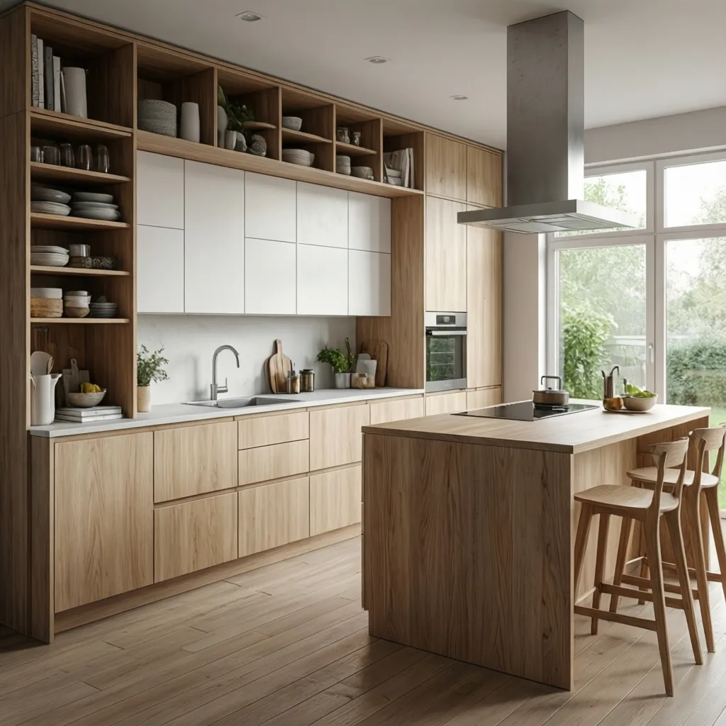 Diseño de cocina moderna con muebles modulares y almacenamiento optimizado