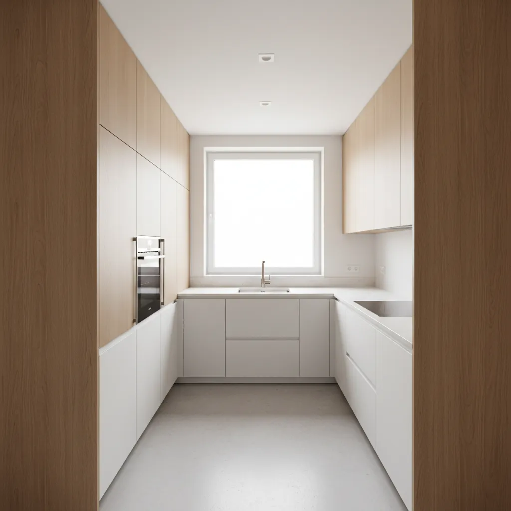 Modern narrow kitchen design with white lower cabinets, light wood upper cabinets, and bright window