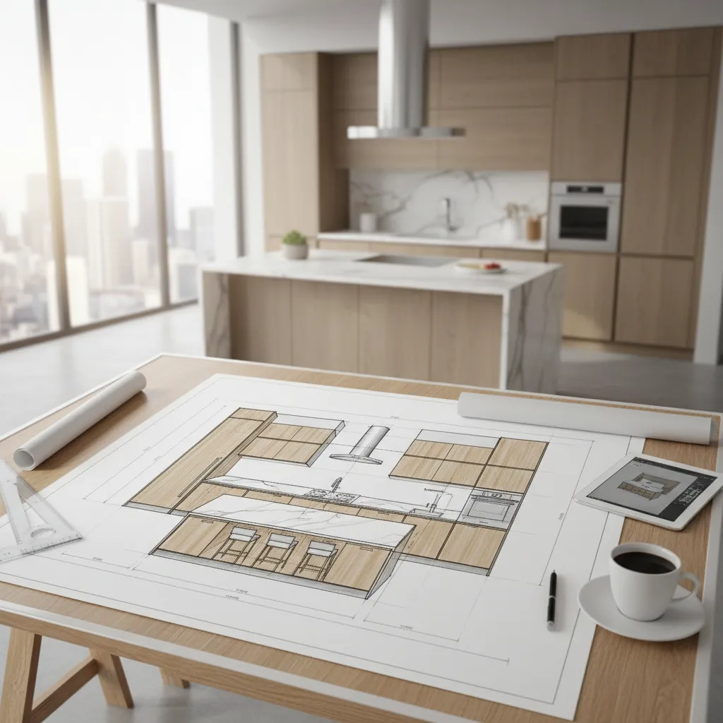 Diseño previo de cocina con distribución de muebles y electrodomésticos