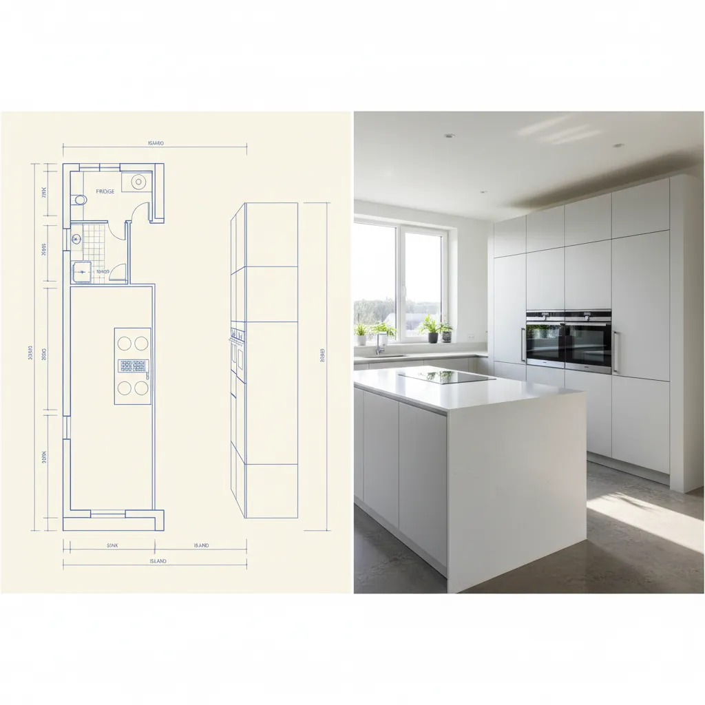 Plano y render de diseño de cocina moderna