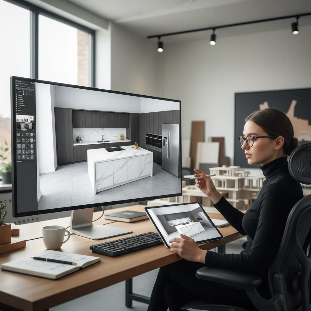 Diseño digital de cocina en proceso de planificación en pantalla