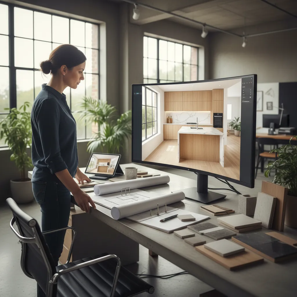 Diseñador revisando distribución de cocina en planos digitales