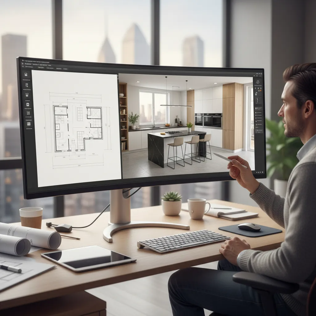 Diseñador planificando distribución de cocina en software de interiorismo