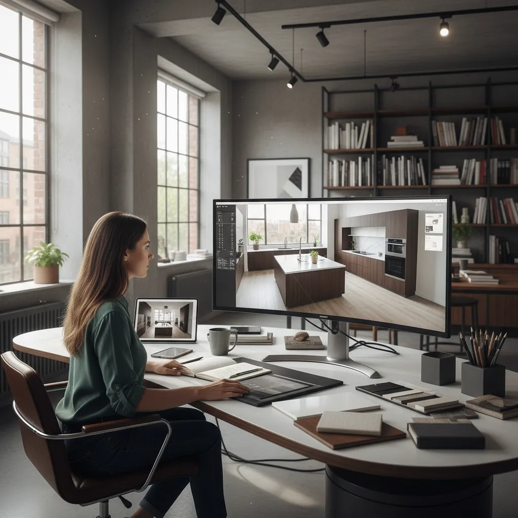 Diseñador planificando la distribución de una cocina moderna en un plano digital