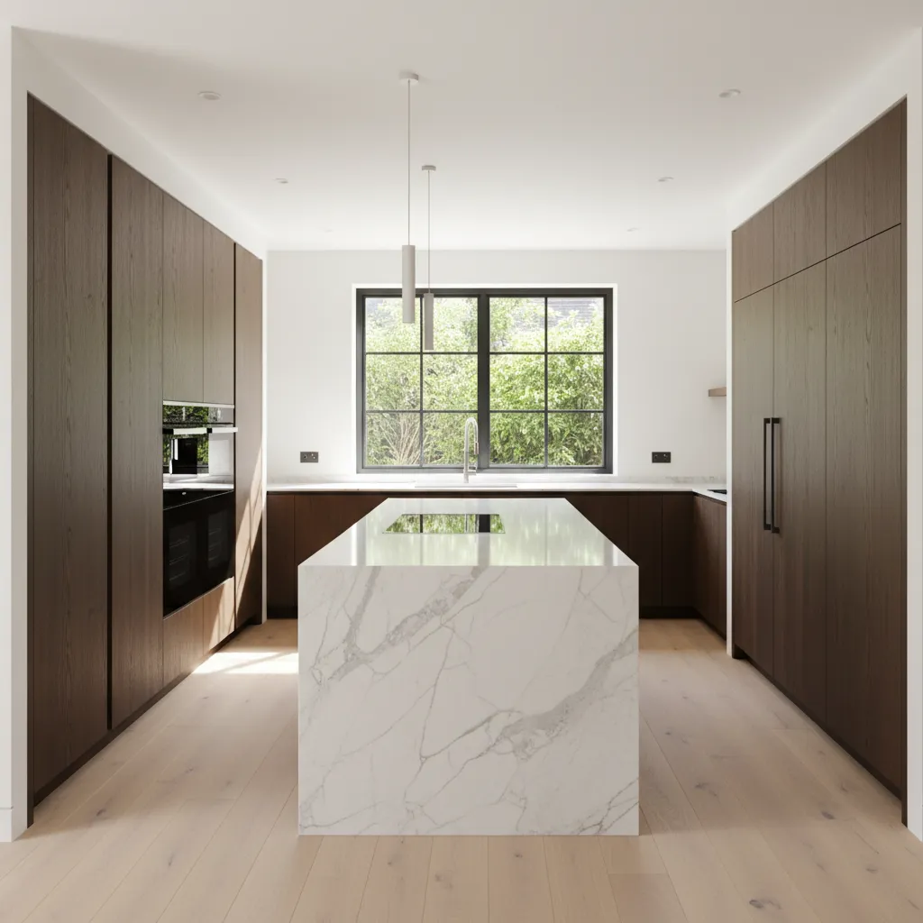 Modern kitchen with white marble island dark wood cabinets large window and hanging light fixtures