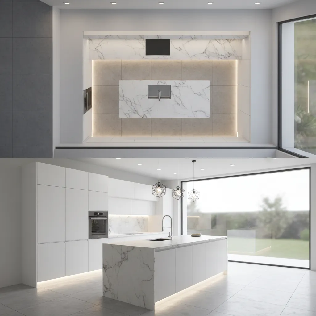 Diseño de distribución de cocina moderna en plano 3D