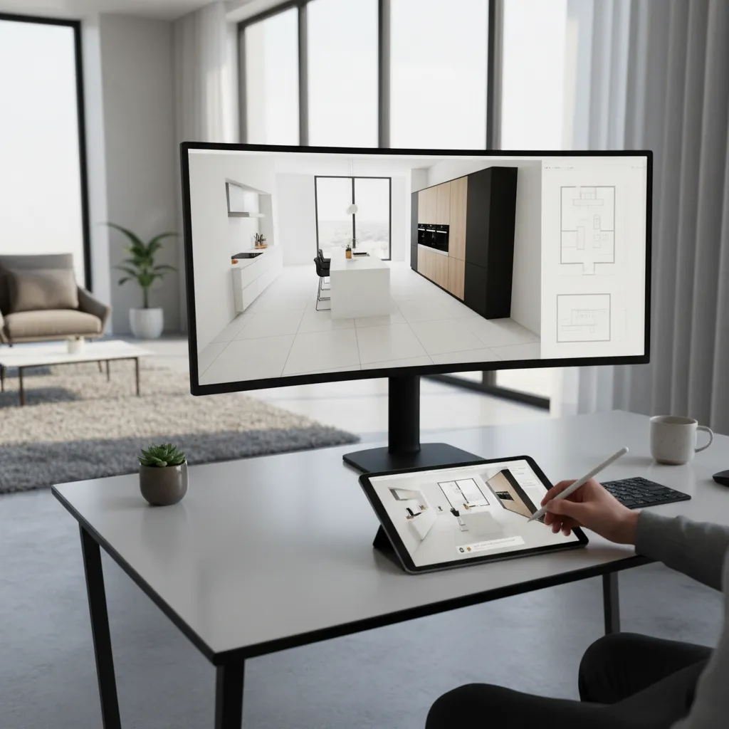 Diseñador revisando un plano de cocina en pantalla