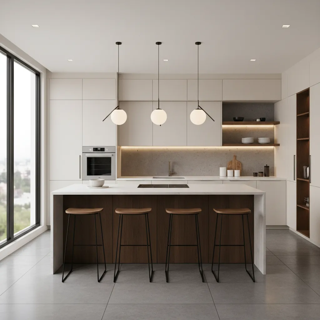 Modelo 3D de diseño de cocina con distribución funcional y muebles modernos