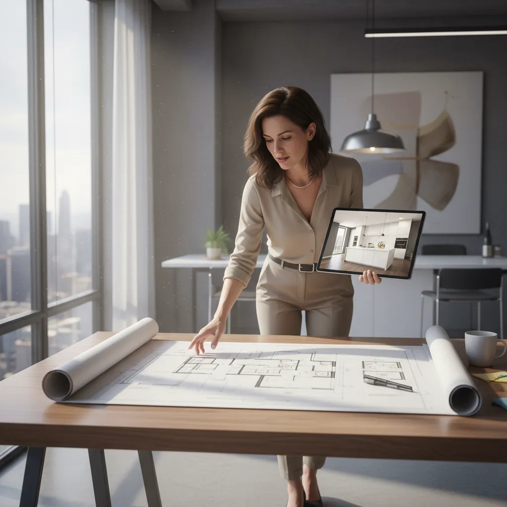diseñador planificando la distribución de una cocina moderna en plano digital