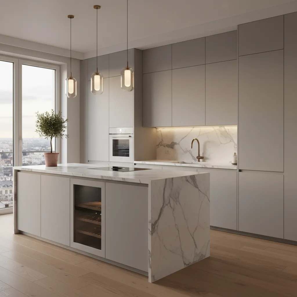 Render de diseño de cocina moderna mostrando distribución eficiente