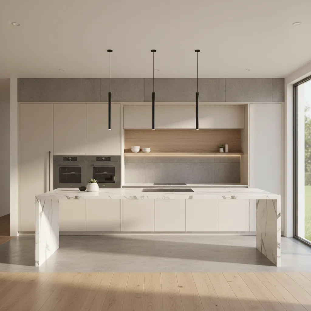 Modern minimalist kitchen with marble island beige cabinets three black ceiling lights and wood flooring