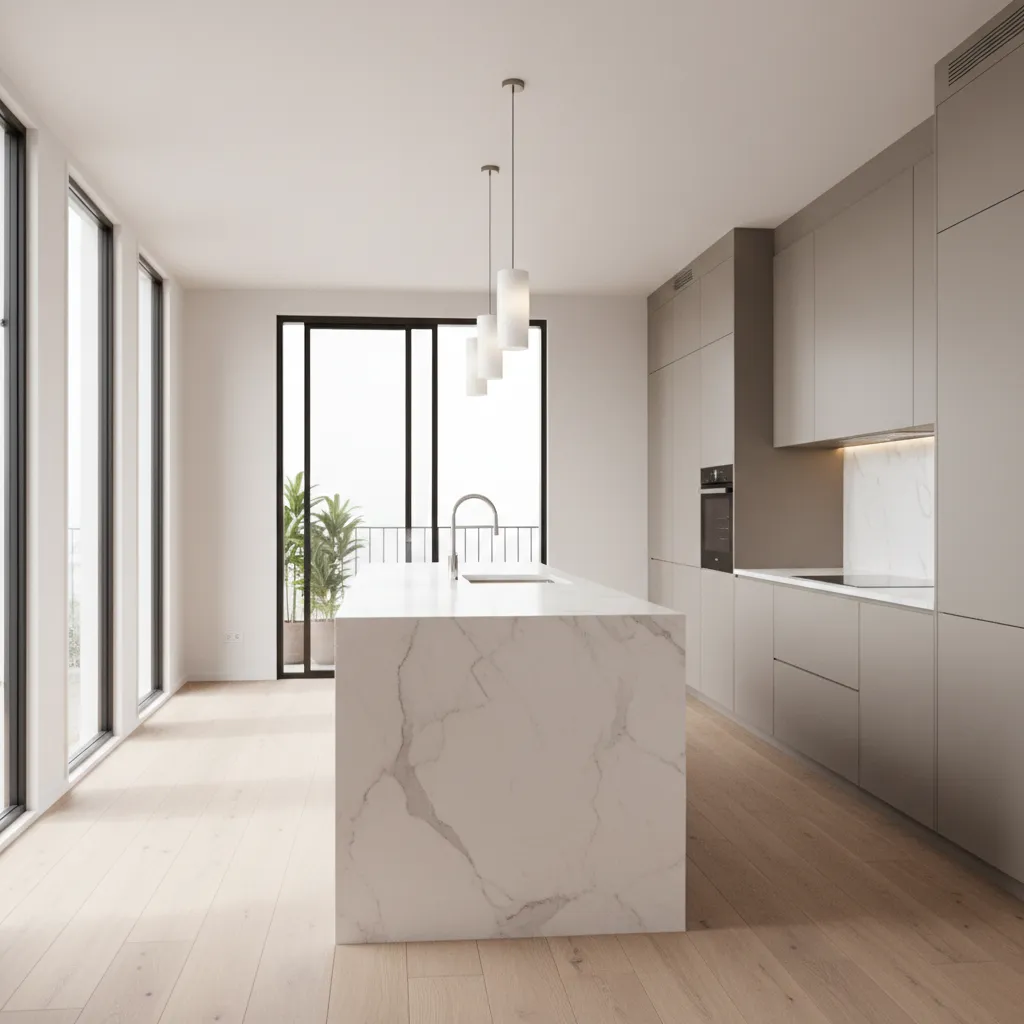 Diseño de cocina moderna con distribución funcional y muebles claros