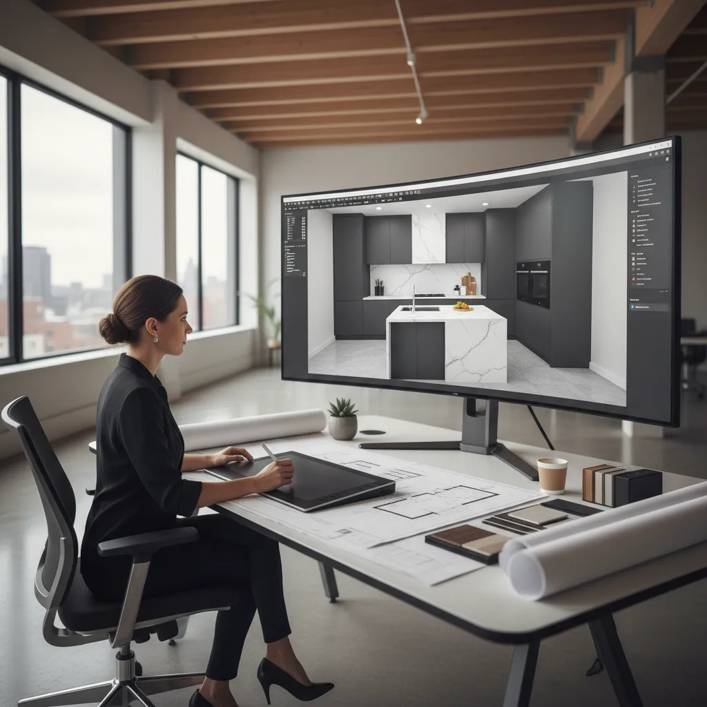 Diseñador planificando distribución de cocina en plano digital