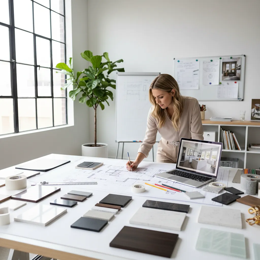 Designer drawing on large floor plan with laptop showing kitchen design and various material samples