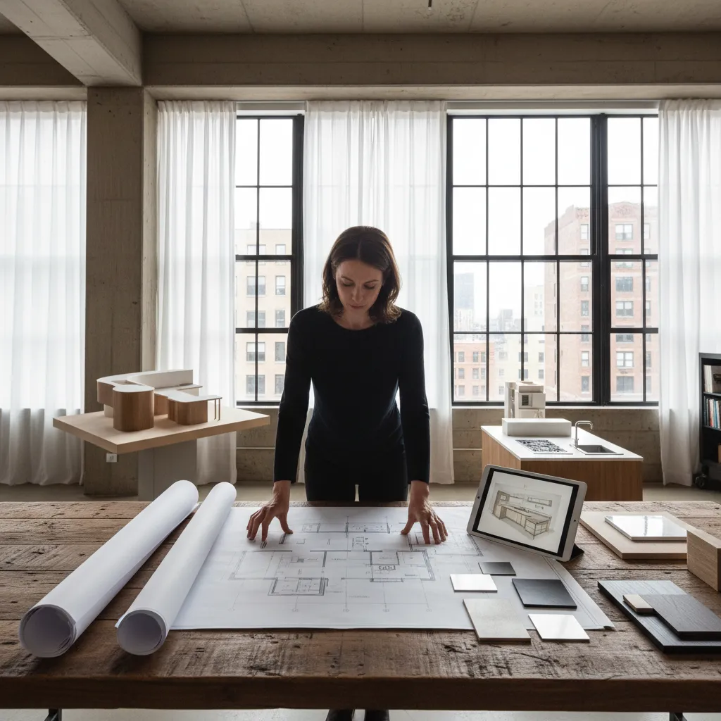 Diseñador revisando la distribución de una cocina moderna en fase de planificación