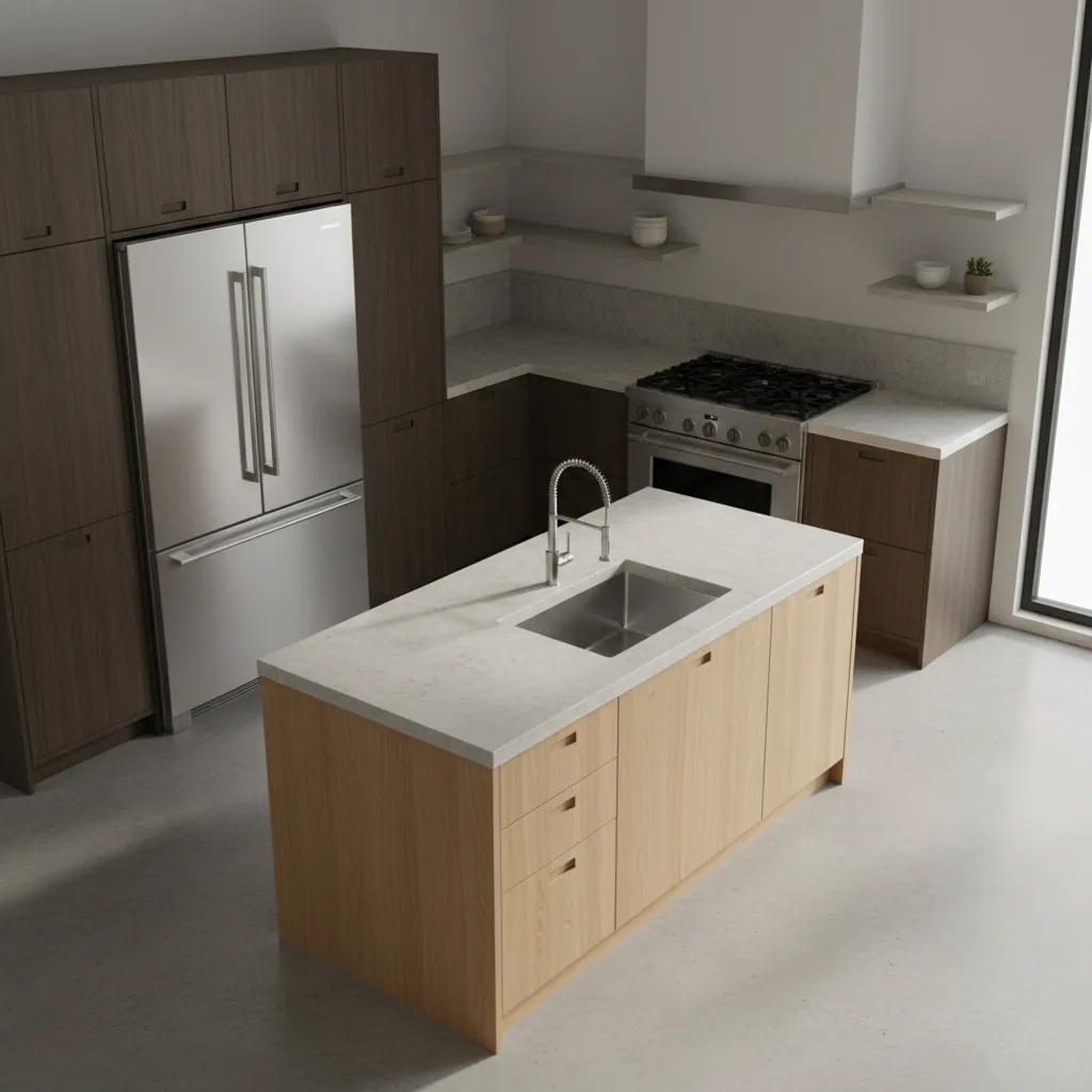 Interior design drawing of modern kitchen with wood island stainless steel fridge and dark cabinets