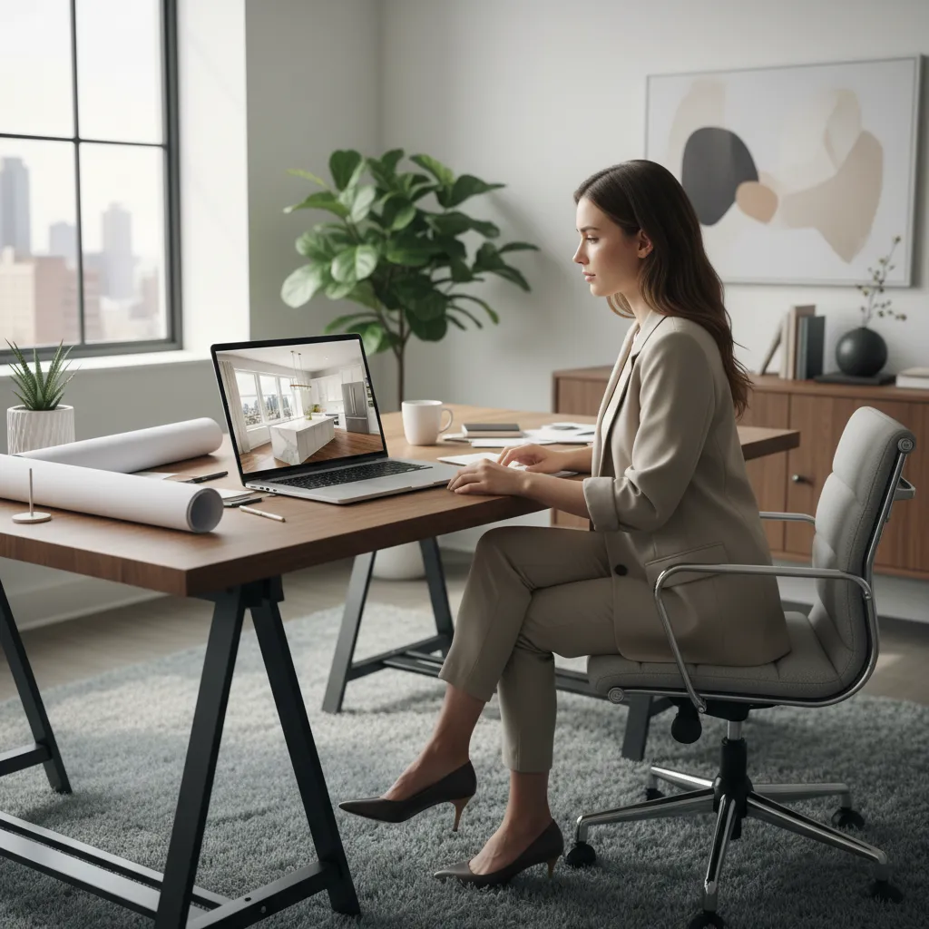 Diseñador de interiores trabajando en planificación digital de una cocina