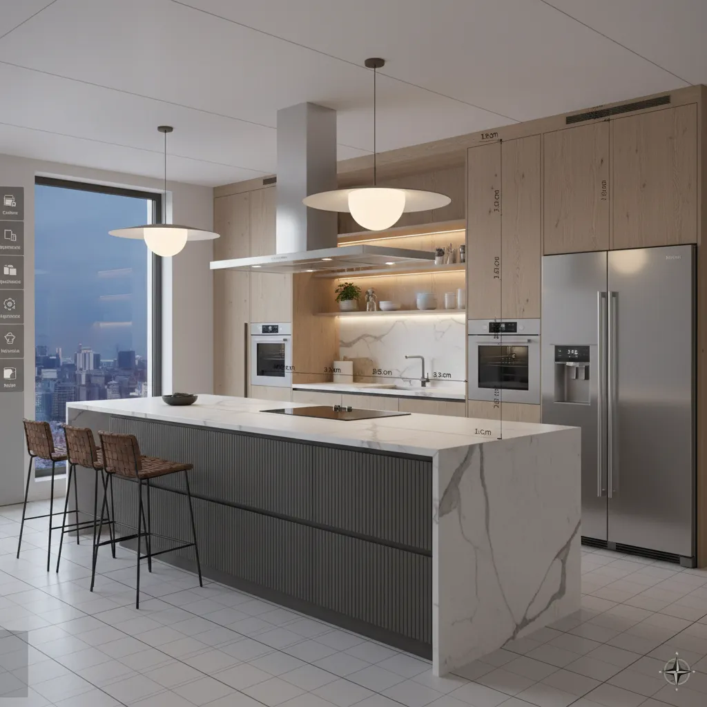 Diseño de cocina moderna visualizado en software 3D con isla central