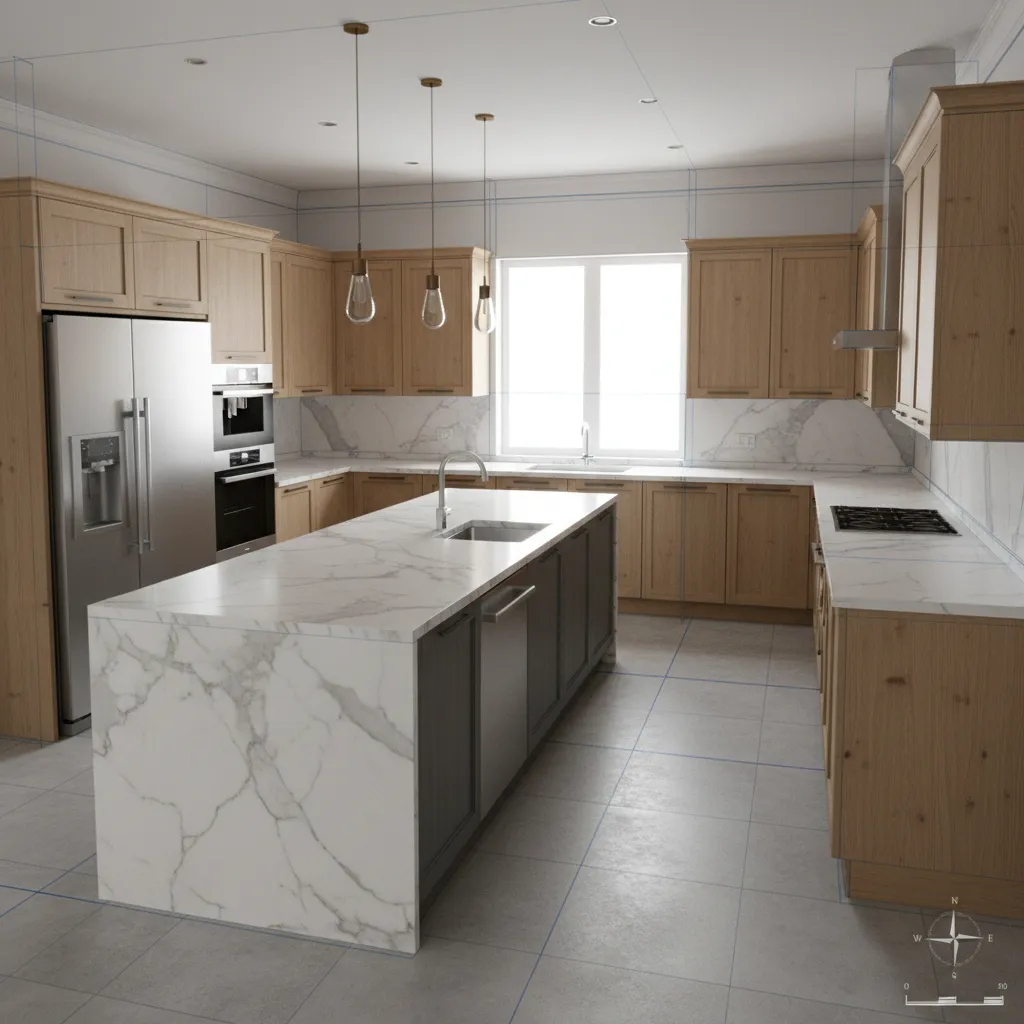 Diseño de distribución de cocina moderna en proceso de planificación