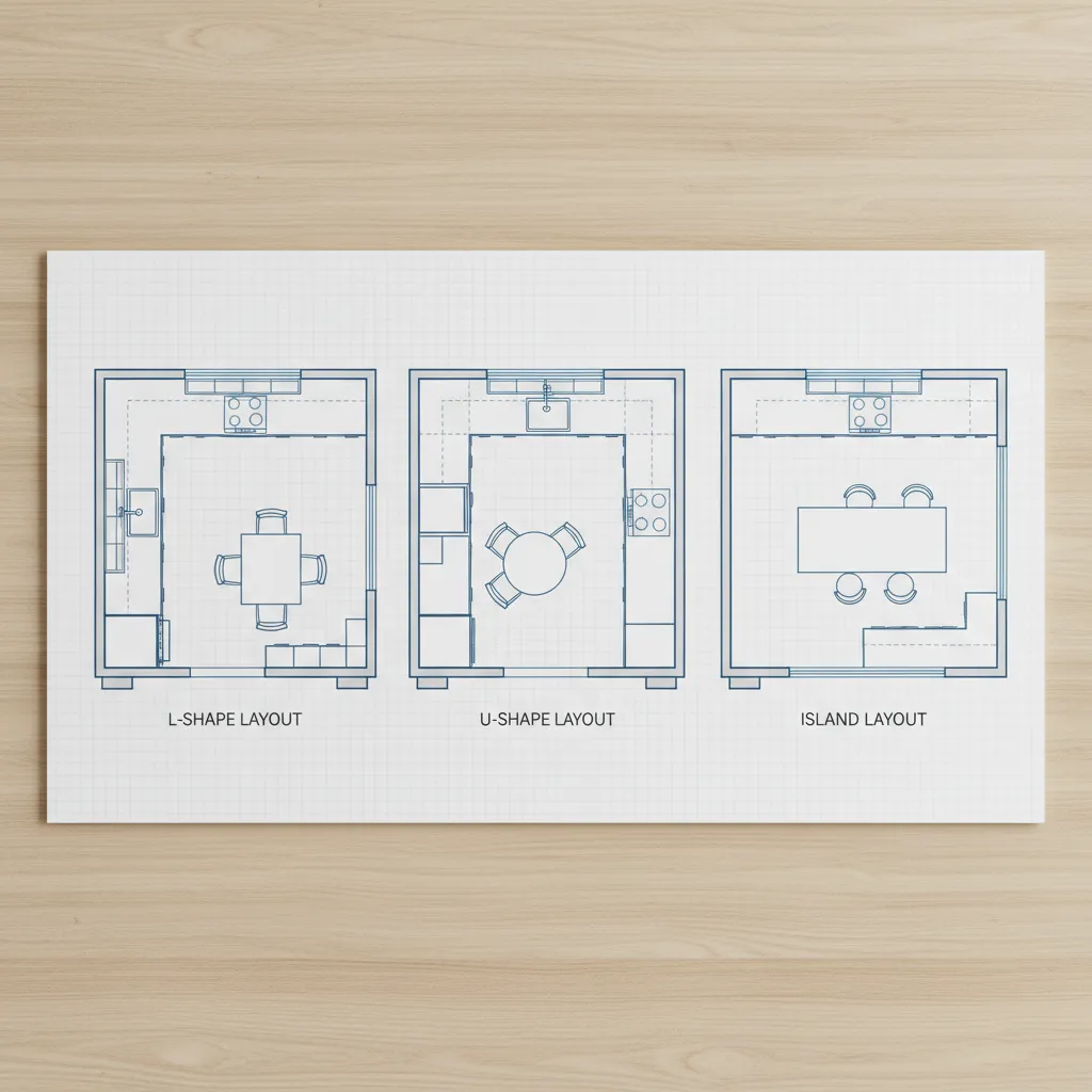 Plano de cocina mostrando distintas distribuciones posibles
