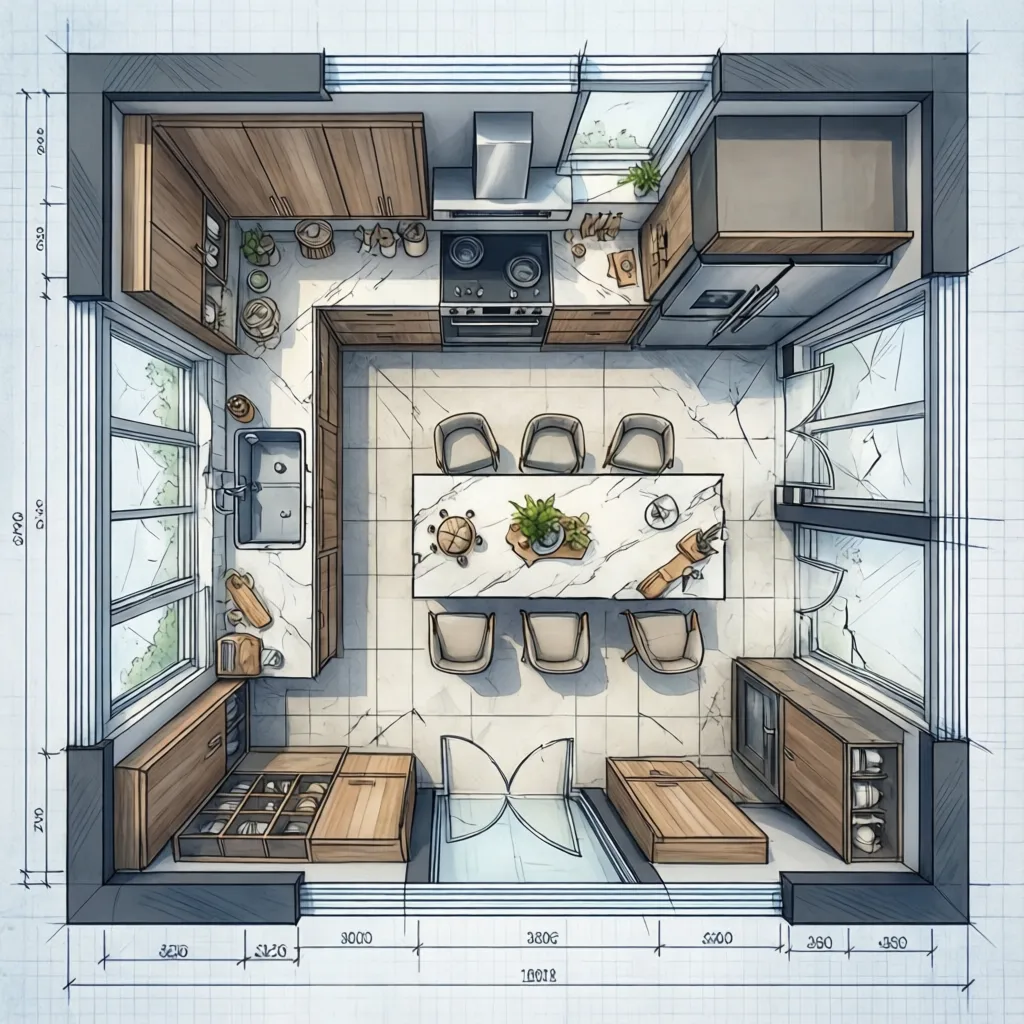 Plano de cocina con distribución de muebles y electrodomésticos