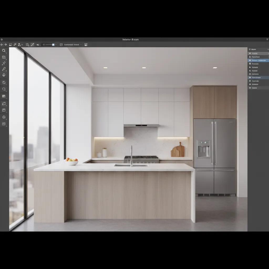Diseño de cocina en plano 3D mostrando distribución de muebles