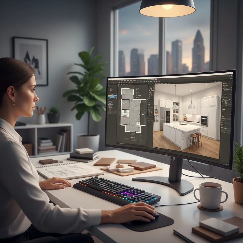 Diseñador creando la distribución de una cocina en software 3D