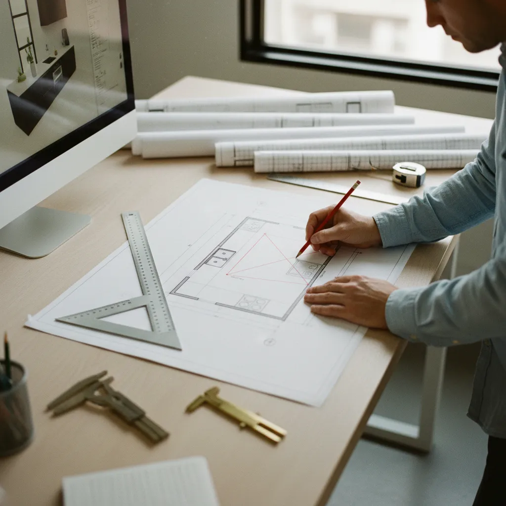 Plano de distribución de cocina con medidas y zonas de trabajo