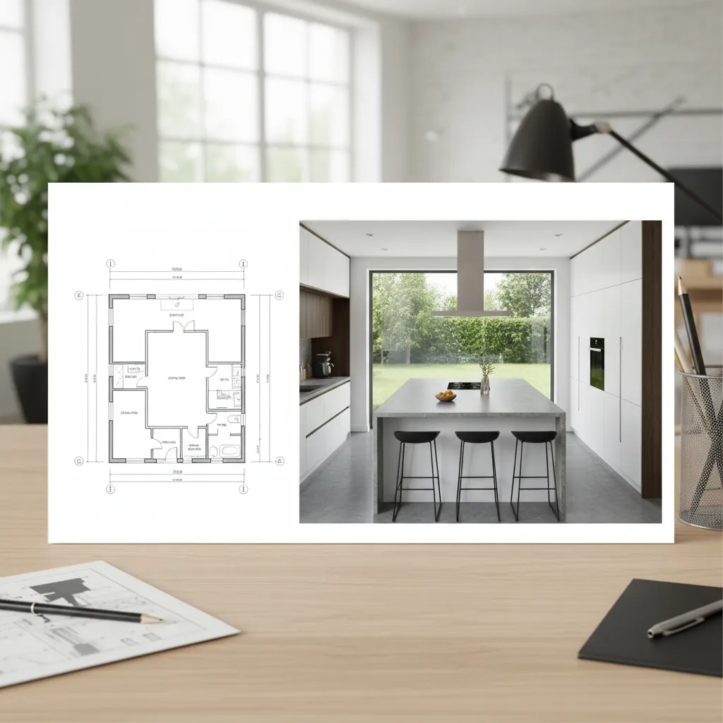 Proyecto de diseño de cocina mostrando plano y render 3D