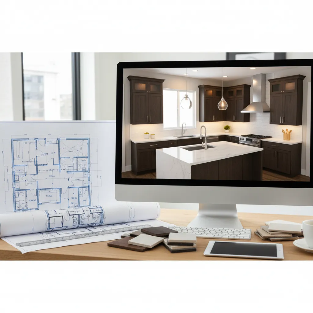 Plano de distribución de cocina junto a modelo 3D del espacio