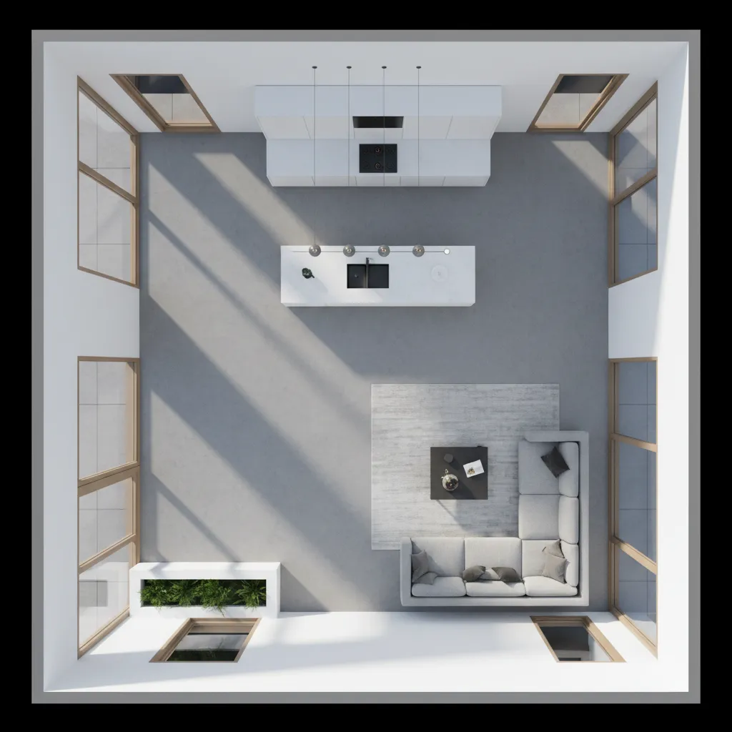 Planta de vivienda destacando la ubicación de la cocina conectada al salón
