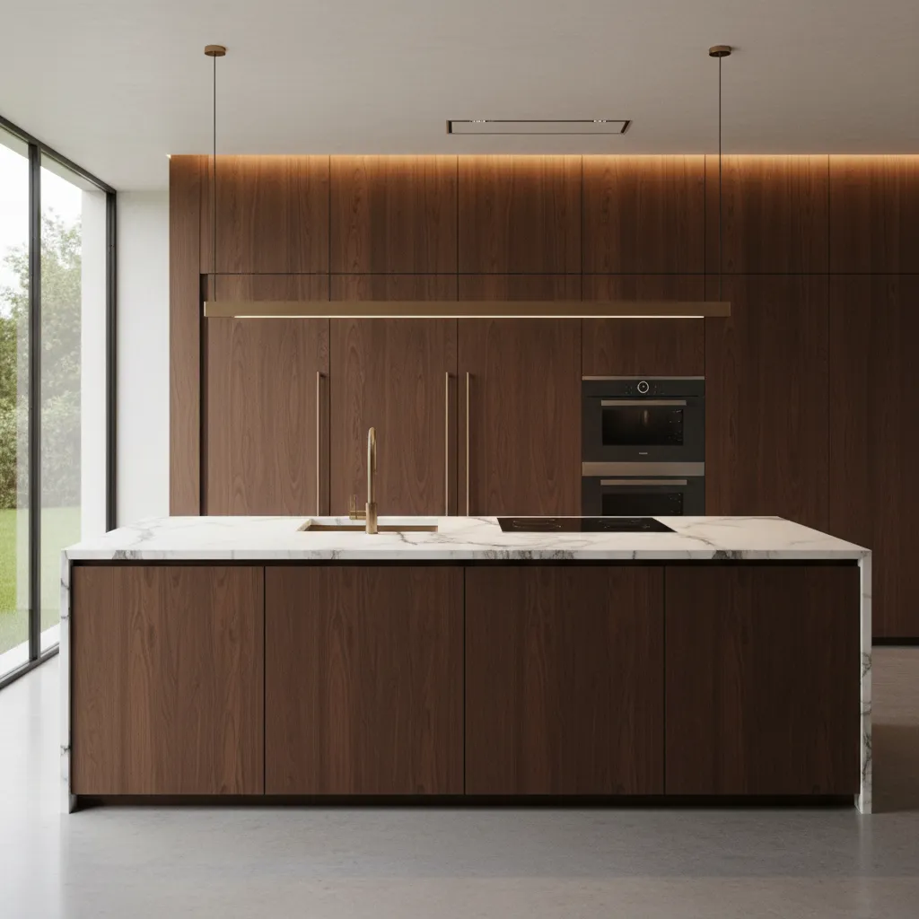 Render de diseño de cocina moderna con isla central