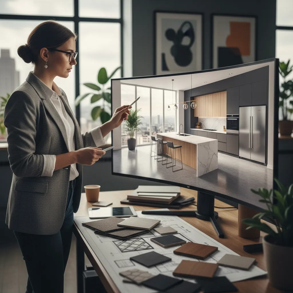 Diseñador revisando el diseño de una cocina moderna en pantalla 3D