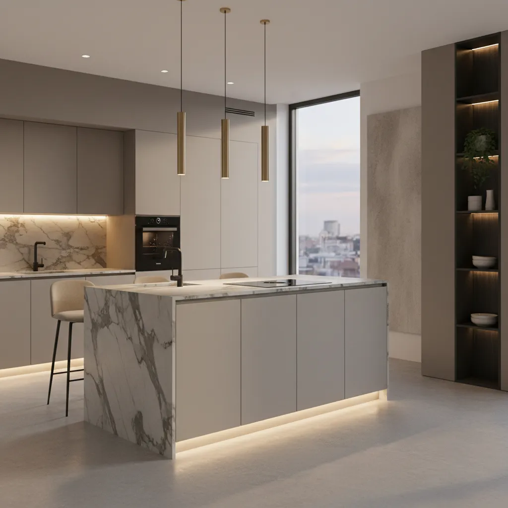 Diseño profesional de cocina moderna con isla central