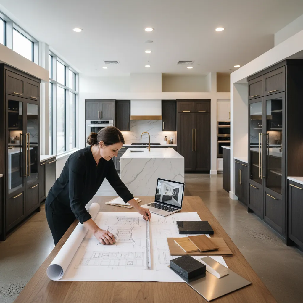 Female designer reviewing kitchen floor plan with wood samples and laptop in modern dark kitchen