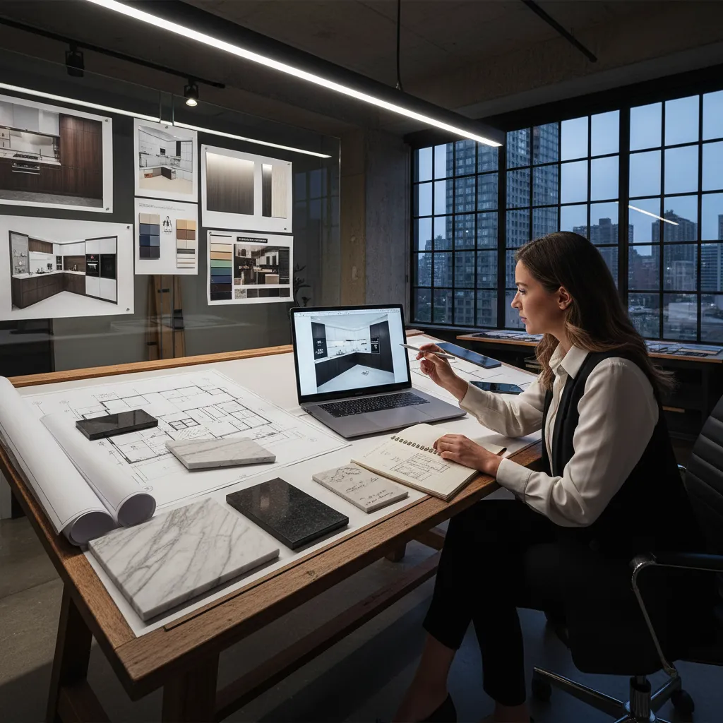 Diseñador planificando distribución de cocina moderna