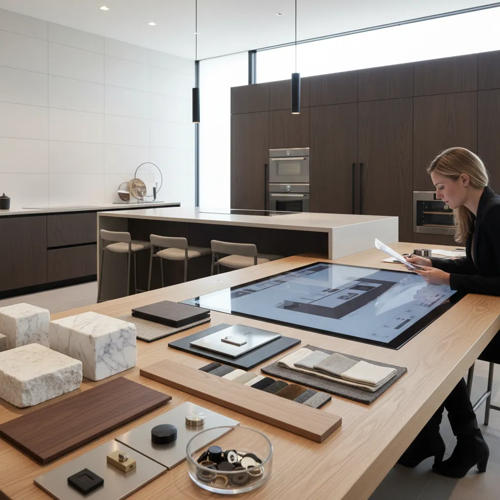 Diseñador revisando la distribución de una cocina moderna